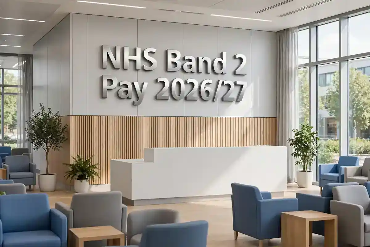 Welcoming modern NHS hospital reception with 3D wall signage reading NHS Band 2 Pay 2026/27