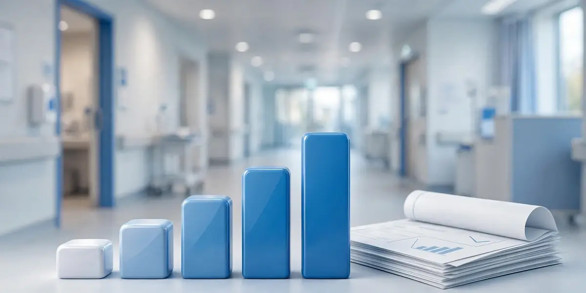 NHS pay bands 2026/27 salary scales illustrated — rising blue pay bars in a modern NHS hospital