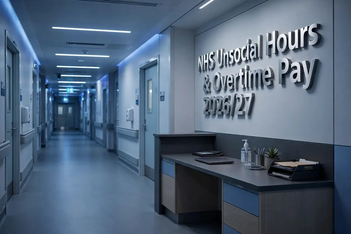Modern NHS hospital corridor at night with 3D wall signage reading NHS Unsocial Hours & Overtime Pay 2026/27